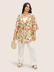 Floral Print Tie Knot Ruffle Sleeve Kimono