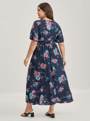 Floral Print Shirred Waist Slit Midi Dress