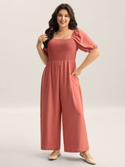 Shirred Puffy Sleeve Pockets Jumpsuit