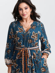 Floral Print Pockets Belted Waist Midi Dress