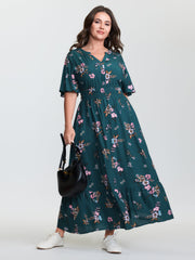 Floral Print Pockets Notched Collar Maxi Dress
