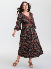 Floral Print Shirred Contrast Pockets Maxi Dress