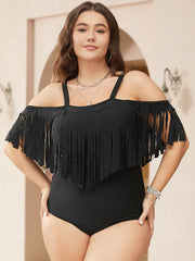 Cold Shoulder Fringe Trim One Piece Swimsuit