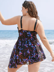 Floral Print Adjustable Straps Gathered Asymmetrical Hem Swim Dress