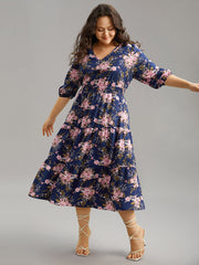 Floral Print Shirred Elastic Cuffs Dress