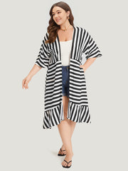 Striped Ruffle Hem Pocket Open Front Kimono