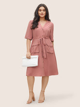 Solid Patched Pocket Ties Gathered Dress