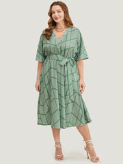 Geometric Print Dolman Sleeve Pocket Belted Ruffles Dress