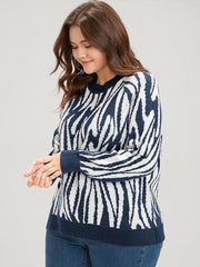 Zebra Print Pointelle Knit Raglan Sleeve Jacquard Knit Top