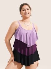 Colorblock Contrast Ruffle Layered Hem Tankini Top