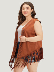 Plain Laser Cut Tassel Trim Sleeveless Kimono