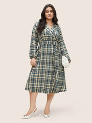 Plaid Suit Collar Pocket Belted Dress