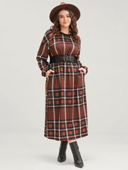 Plaid Patchwork Round Neck Lantern Sleeve Pocket Midi Dress