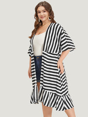 Striped Ruffle Hem Pocket Open Front Kimono