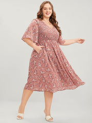 Floral Print V Neck Shirred Pocket Ruffle Dress