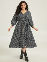 Gingham Button Detail Pocket Lantern Sleeve Dress