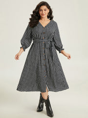 Gingham Button Detail Pocket Lantern Sleeve Dress