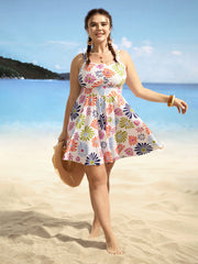 Floral Heart Neckline Ruched Swim Dress