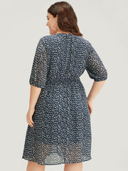Bird Print Notched Shirred Lantern Sleeve Dress