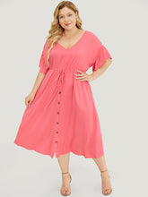 Solid Flutter Sleeve Button Detail Pocket Drawstring Dress