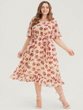 Floral Print Pearl Beaded Pocket Belt Ruffle Hem Dress