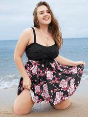 Floral Print Knotted Twist Front A Line Swim Dress