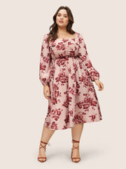 Floral Ruched Square Neck Lantern Sleeve Dress