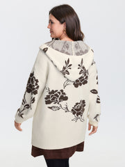Floral Jacquard Hooded Contrast Knit Cardigan