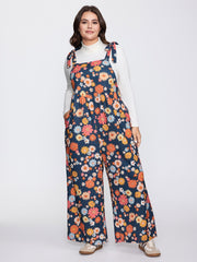 Floral Print Adjustable Shoulder-Tie Pockets Jumpsuit