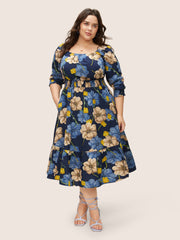 Floral Print Square Neck Shirred Cuffs Dress