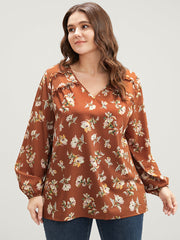 Floral V Neck Ruffles Trim Lantern Sleeve Blouse