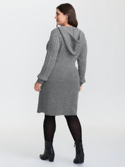 Textured Hooded Waist-Defining Sweater Dress