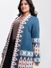 Boho Pattern Jacquard Folded Collar Knit Cardigan