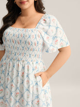 Shirred Floral Print Pockets Midi Dress