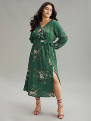 Floral Print Belted Split Surplice Neck Dress