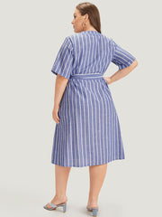 Striped Print Belt Pocket Notched Button Up Dress