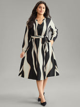 Colorblock Striped Notched Belted Lantern Sleeve Dress