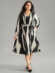Colorblock Striped Notched Belted Lantern Sleeve Dress