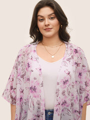Floral Mesh Split Side Asymmetrical Hem Kimono