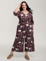 Floral Branch Print Shirred Waist Jumpsuit