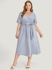 Gingham Print Roll Batwing Sleeve Belt Pocket Wrap Dress