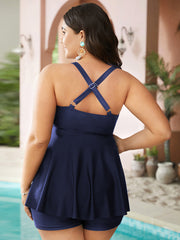 Colorblock Contrast Crossover Detail Ruffle Hem Tankini Top