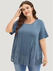Solid Patchwork Crew Neck Lace Swing T-shirt