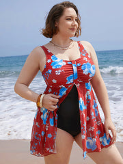 Floral Print Split Front Ruched A Line Swim Dress