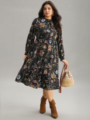Floral Print Shirred Gathered Stand Collar Dress