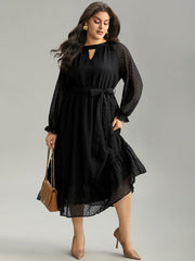 Chiffon Texture Belted Mesh Keyhole Frill Trim Dress