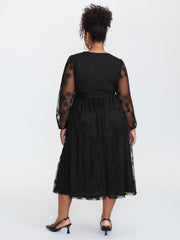 Sheer Floral Sleeve Belted Waist Midi Dress