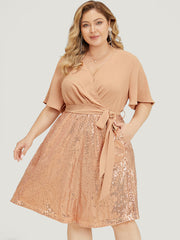 Sequin Patchwork Pocket Belted Surplice Neck Ruffle Dress