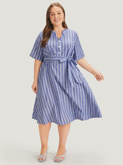 Striped Print Belt Pocket Notched Button Up Dress