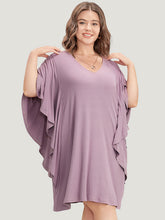 Solid Dolman Sleeve Ruffle Trim Pocket Rib Knit Knee Dress